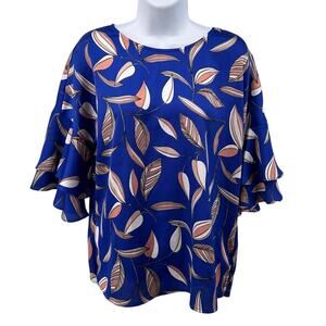 Liz Claiborne Blouse Blue Women M Layered Bell Sleeve Round Neck Pullover Career